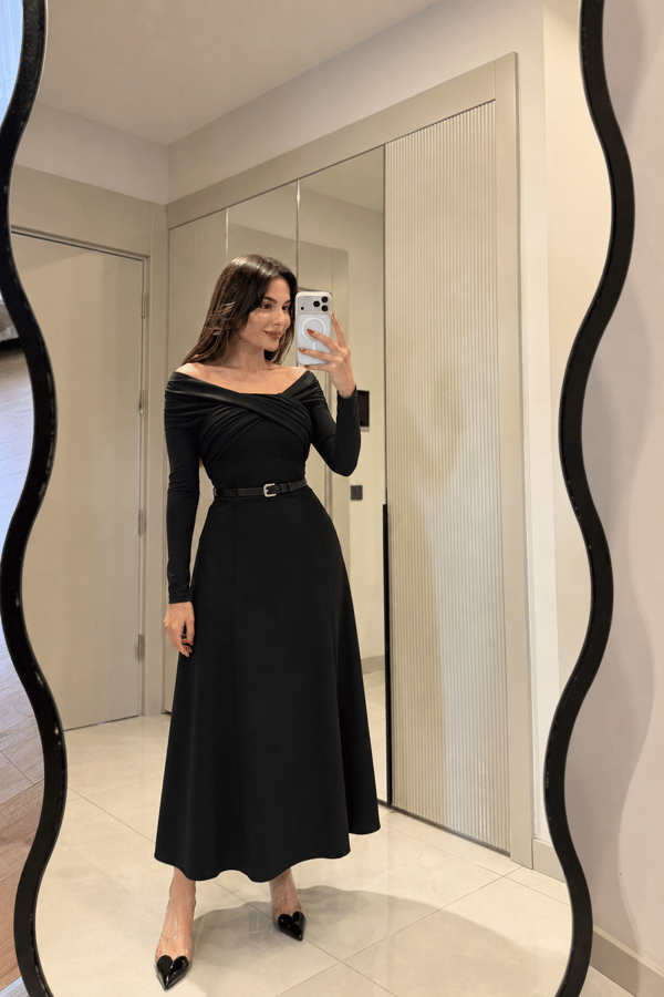 Bracha Madonna Yaka Drapeli Kemerli Uzun Elbise