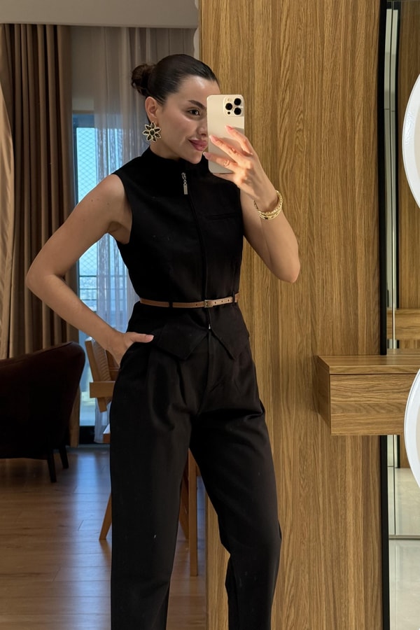Bravelle Siyah Kemerli Yelek Pantolon Takım 