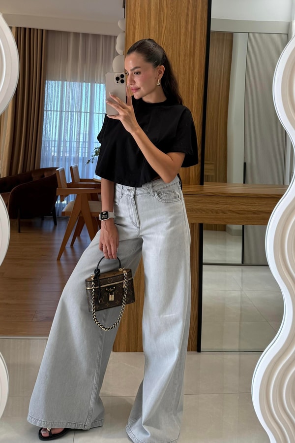 Brenda Gri Geniş Paça Jean