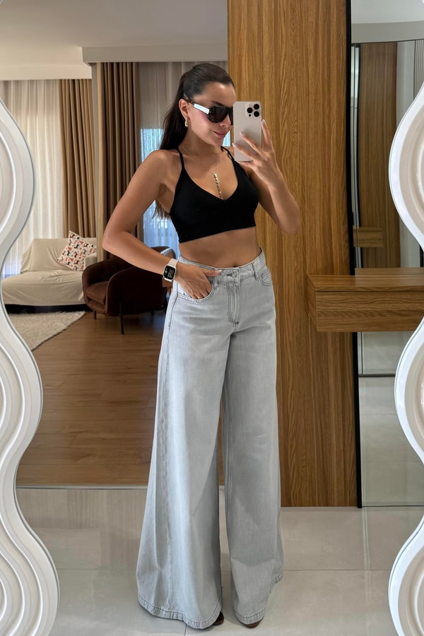 Brenda Gri Geniş Paça Jean