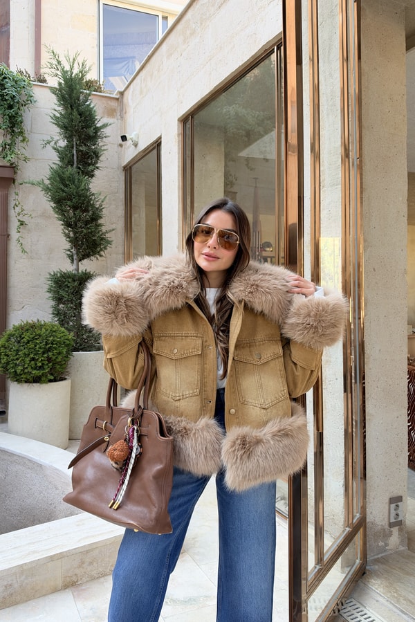 Brest Hardal İçi Kapitone İthal Denim Kürklü Mont