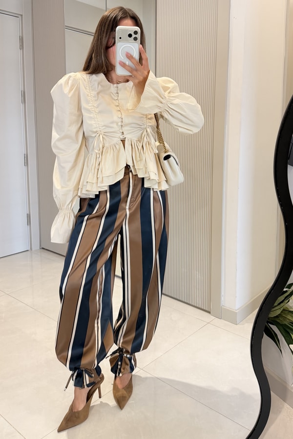 Bright Çizgili Paçası Lastikli Pantolon