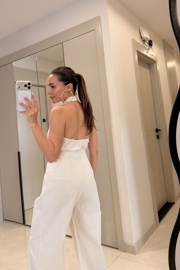 Briliant Ekru Aksesuarlı Ham Keten Takım