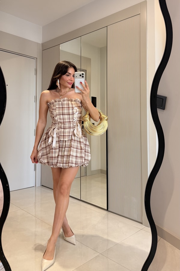 Britha Bej Ekose Büstiyer Etek Takım