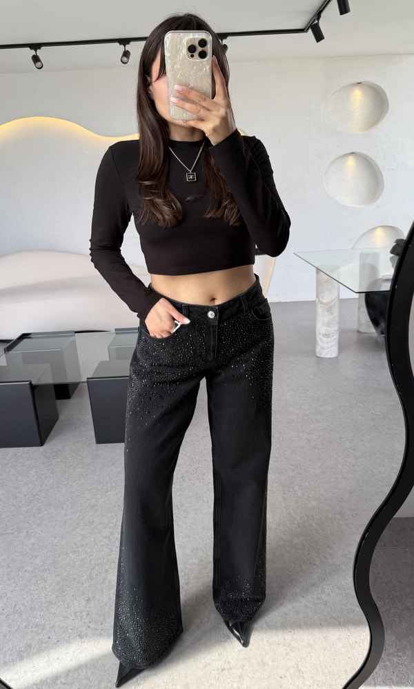 Brodhe Siyah Uzun Kollu Crop
