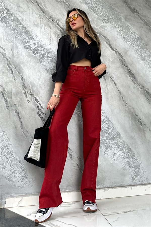 Burgundy ultra yüksek bel palazzo jean