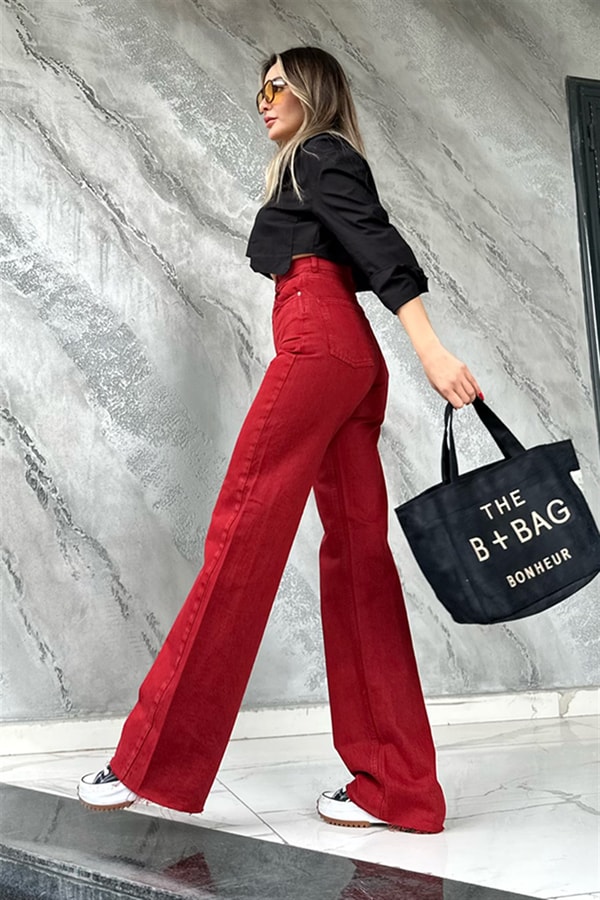 Burgundy ultra yüksek bel palazzo jean