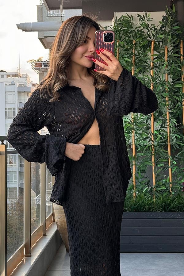 Caelina Yumuşak Dokulu Dantel Etek Gömlek Takım