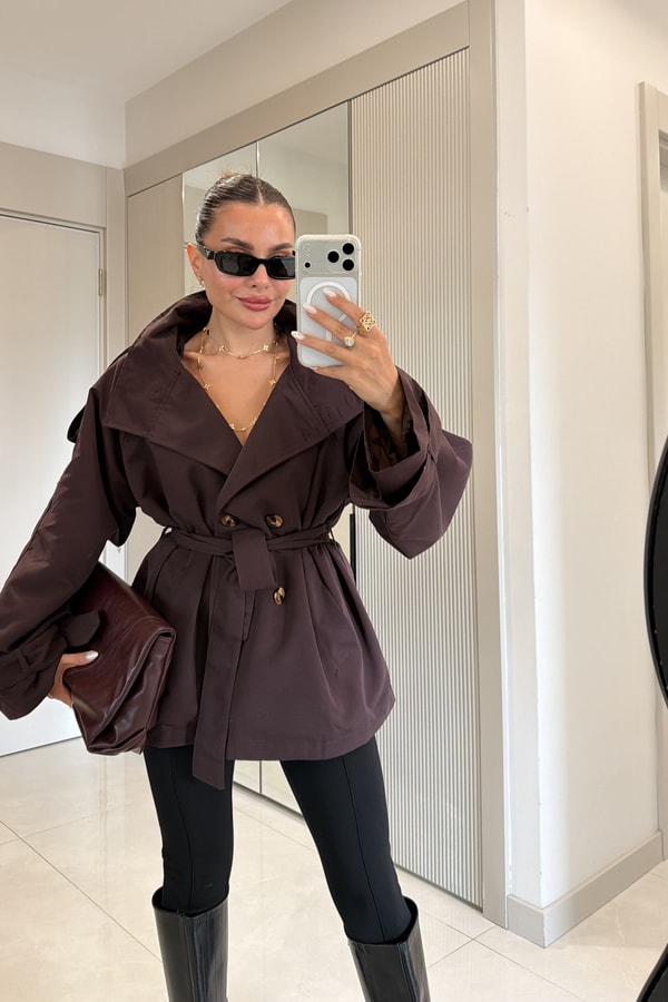 Calina Kahve Dik Yaka Kemerli Düğme Detay Trençkot