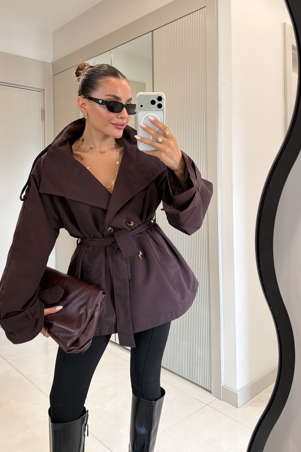 Calina Kahve Dik Yaka Kemerli Düğme Detay Trençkot