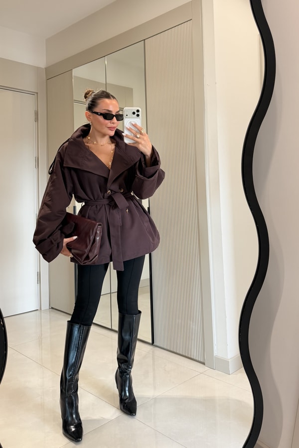 Calina Kahve Dik Yaka Kemerli Düğme Detay Trençkot