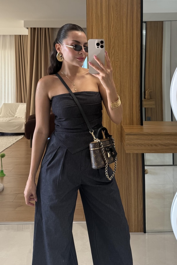 Calvados Straplez Denim Takım