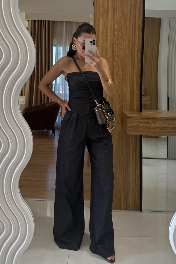Calvados Straplez Denim Takım