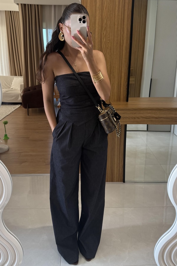 Calvados Straplez Denim Takım