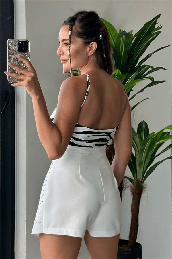 Çapraz askılı zebra desen saten bluz