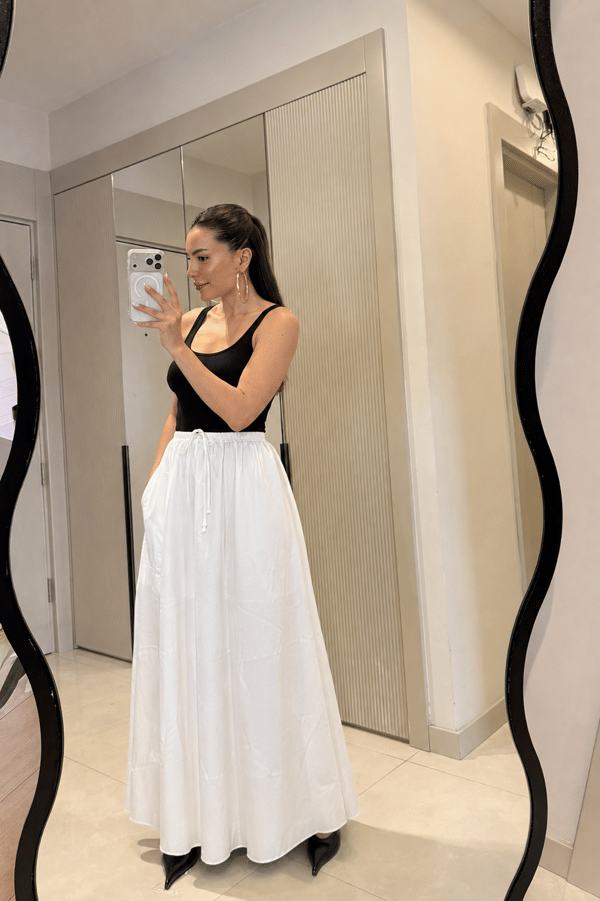 Carlen Beyaz Beli Bağlamalı Maxi Etek