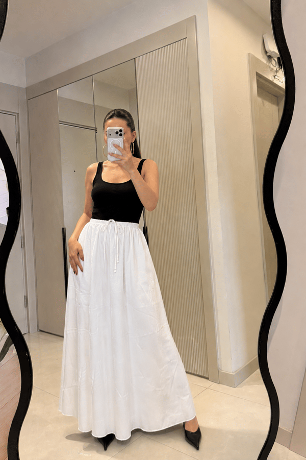 Carlen Beyaz Beli Bağlamalı Maxi Etek