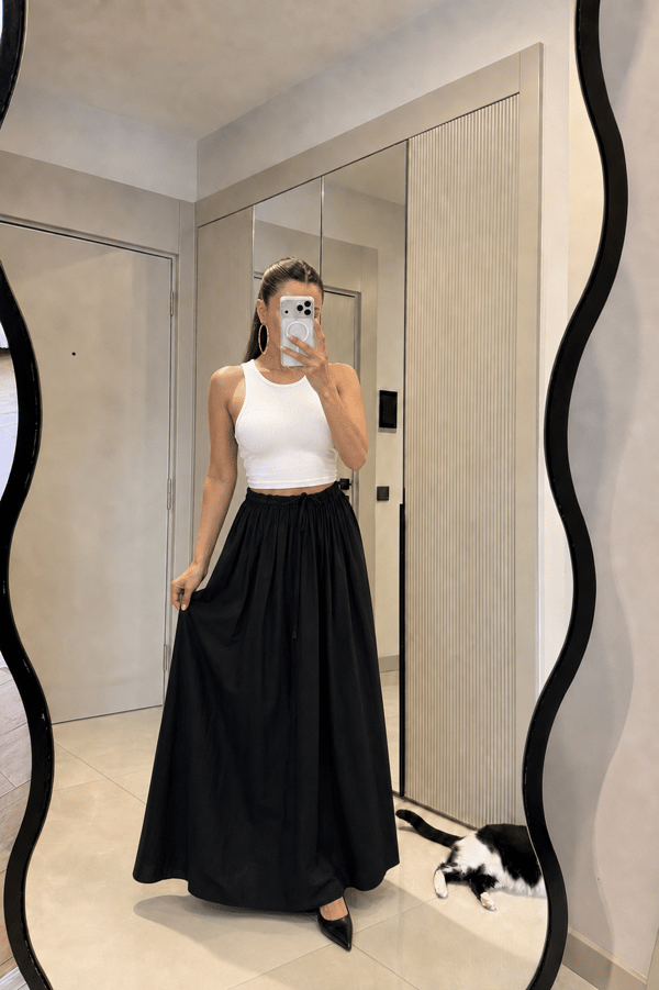 Carlen Siyah Beli Bağlamalı Maxi Etek