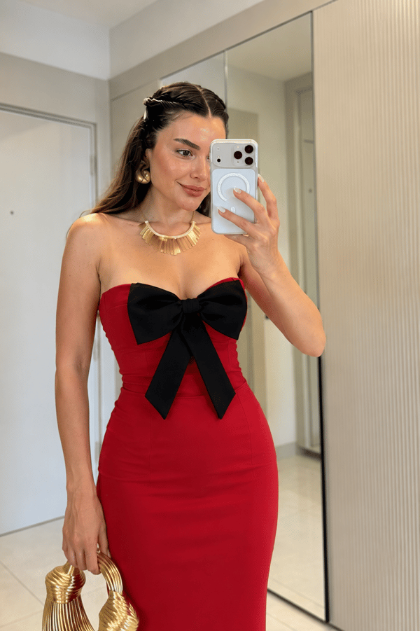 Carlina Kırmızı Straplez Fiyonk Detaylı Elbise