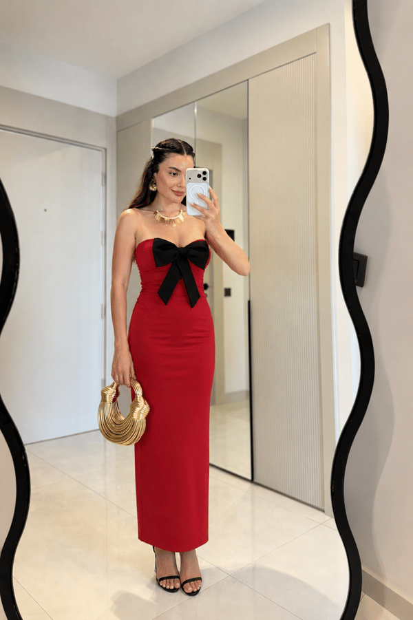 Carlina Kırmızı Straplez Fiyonk Detaylı Elbise