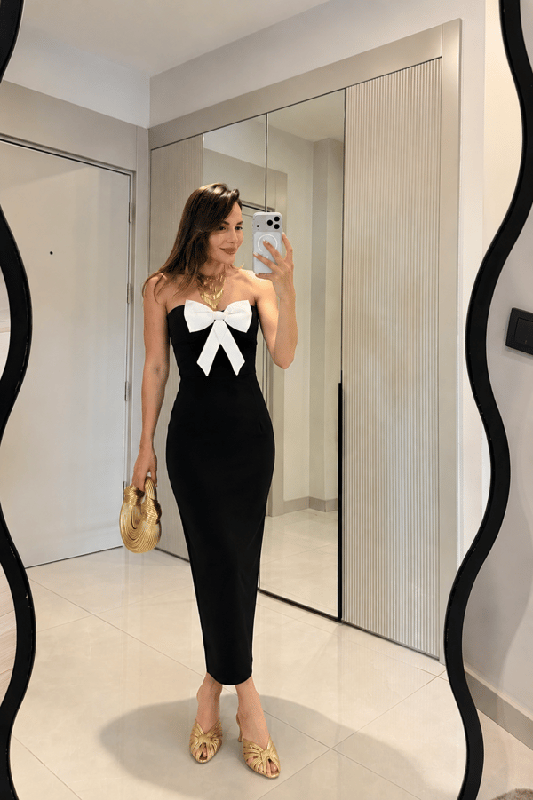 Carlina Siyah Straplez Fiyonk Detaylı Elbise