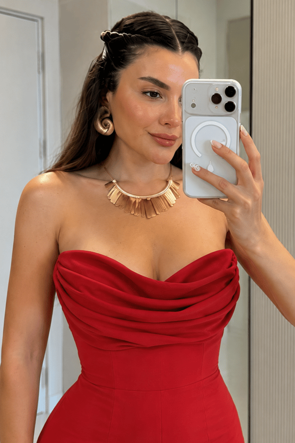 Carolla Kırmızı Straplez Drape Detaylı Tulum
