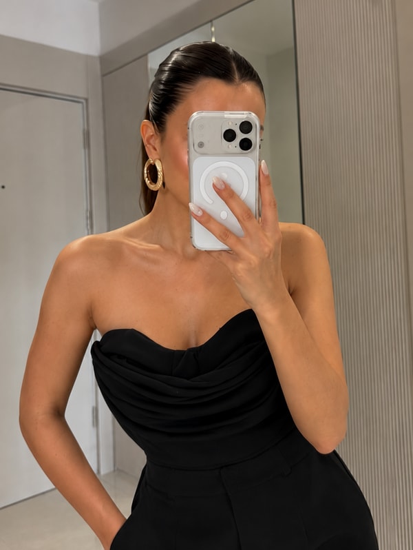 Carolla Siyah Straplez Drape Detaylı Tulum
