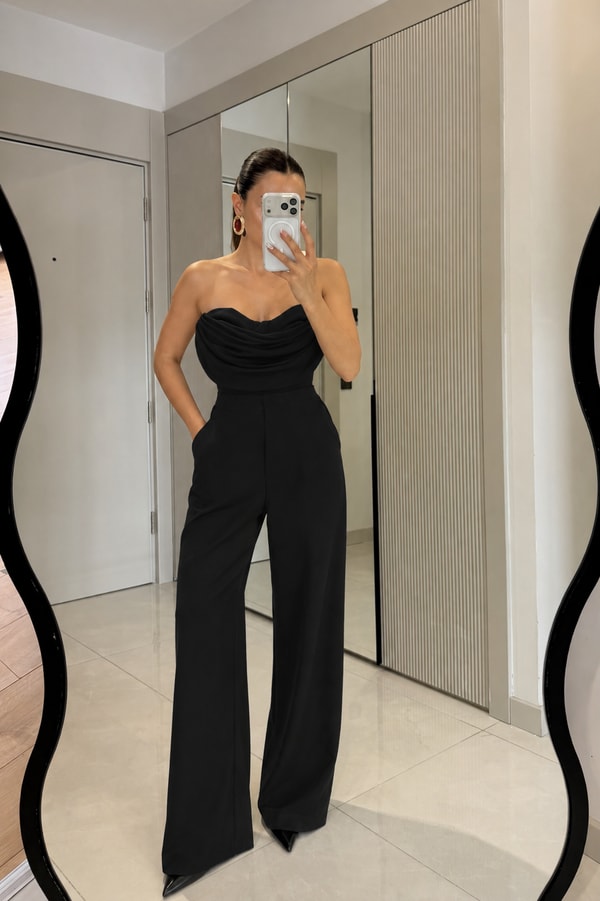Carolla Siyah Straplez Drape Detaylı Tulum