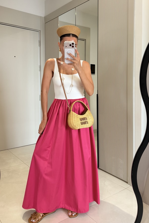 Carry Fuşya Kare Yaka Maxi Balon Elbise