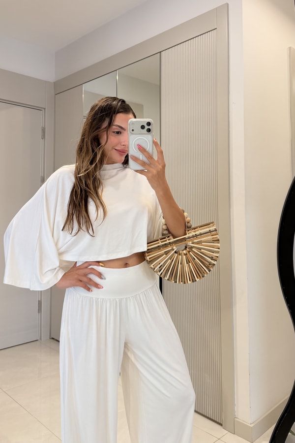 Cassidy Beyaz Şalvar Yarasa Kol Crop Takım