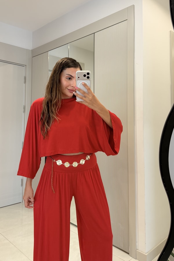 Cassidy Kırmızı Şalvar Yarasa Kol Crop Takım