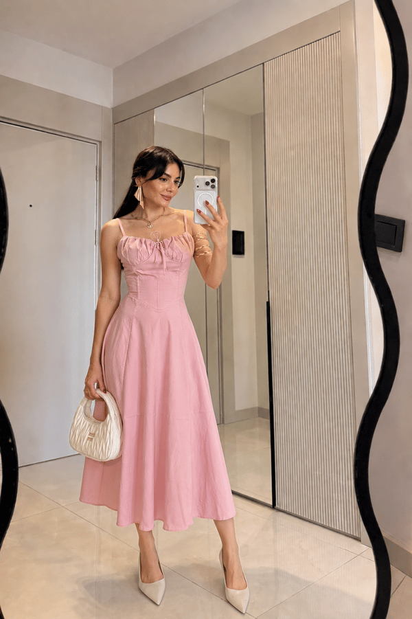 Castel Pembe Korse Askılı Elbise