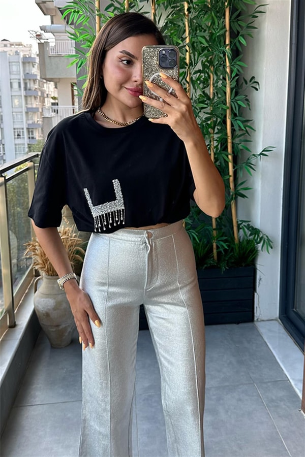 Cebi taşlı siyah oversize tshirt