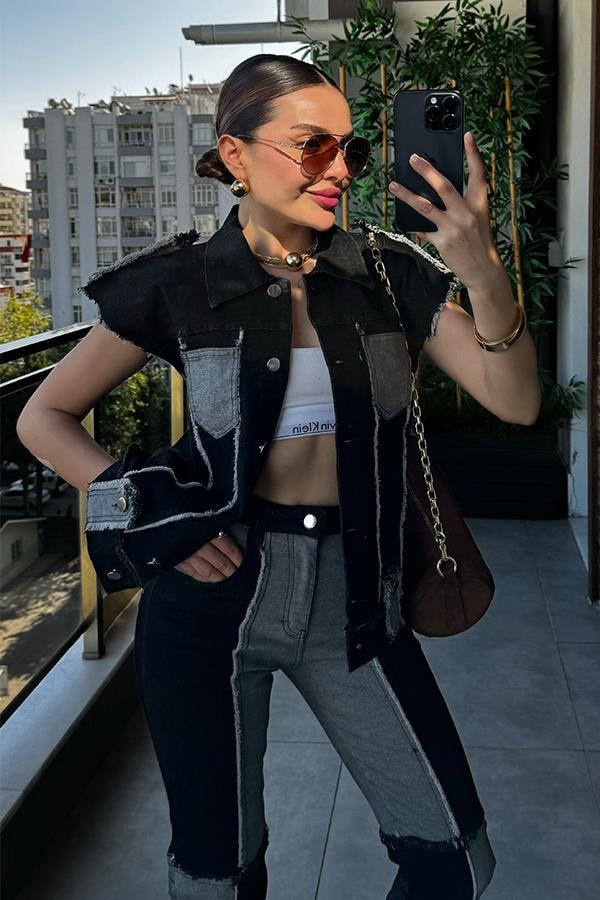 Celia Çift Renk Denim Yelekli Takım 
