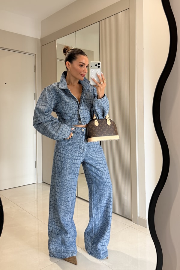 Celina Yılan Desenli Crop Ceket Pantolon Takım