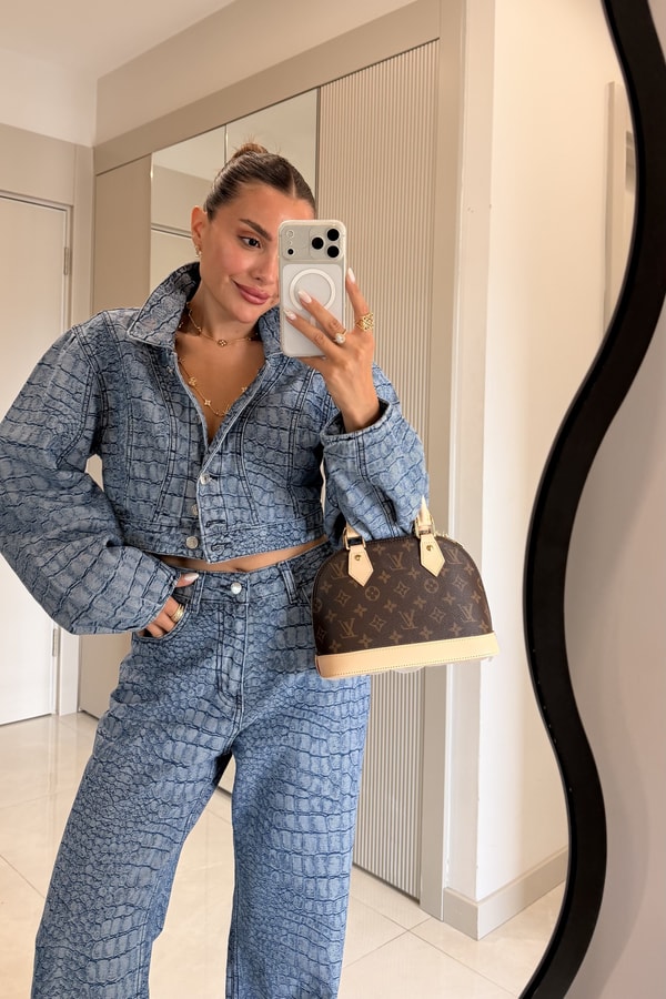 Celina Yılan Desenli Crop Ceket Pantolon Takım