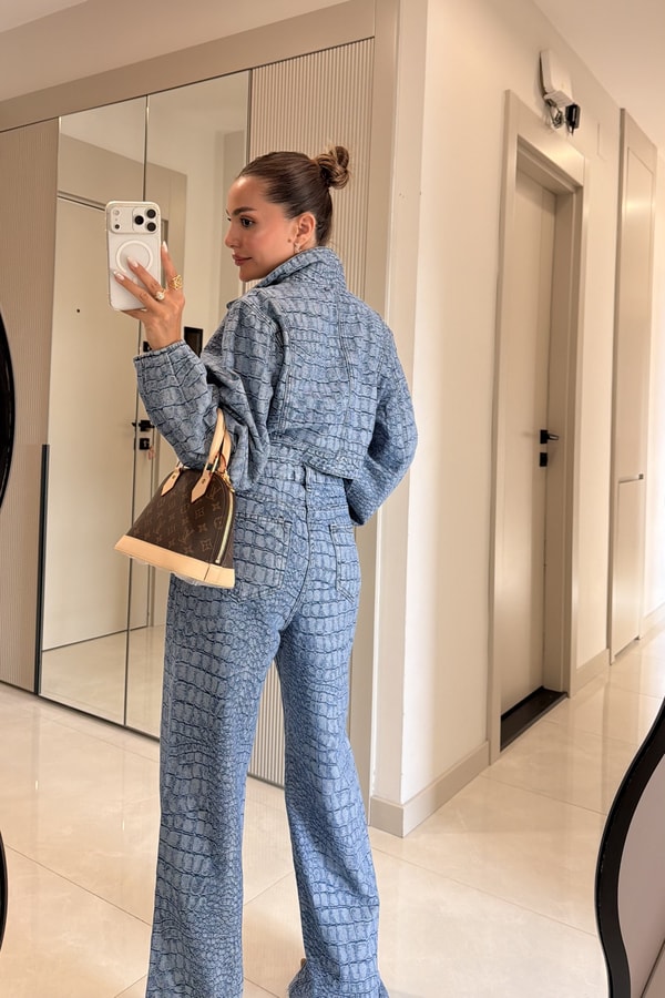 Celina Yılan Desenli Crop Ceket Pantolon Takım