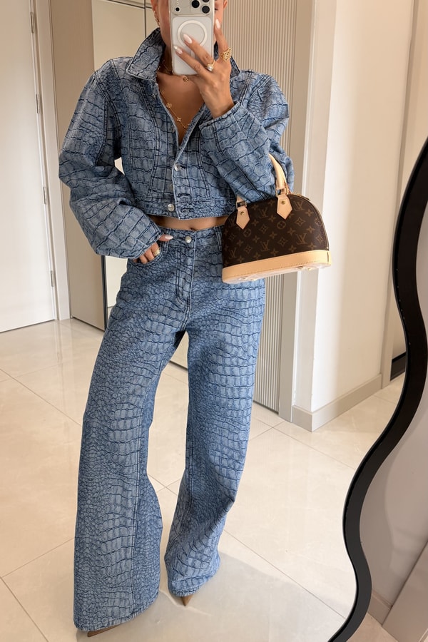 Celina Yılan Desenli Crop Ceket Pantolon Takım