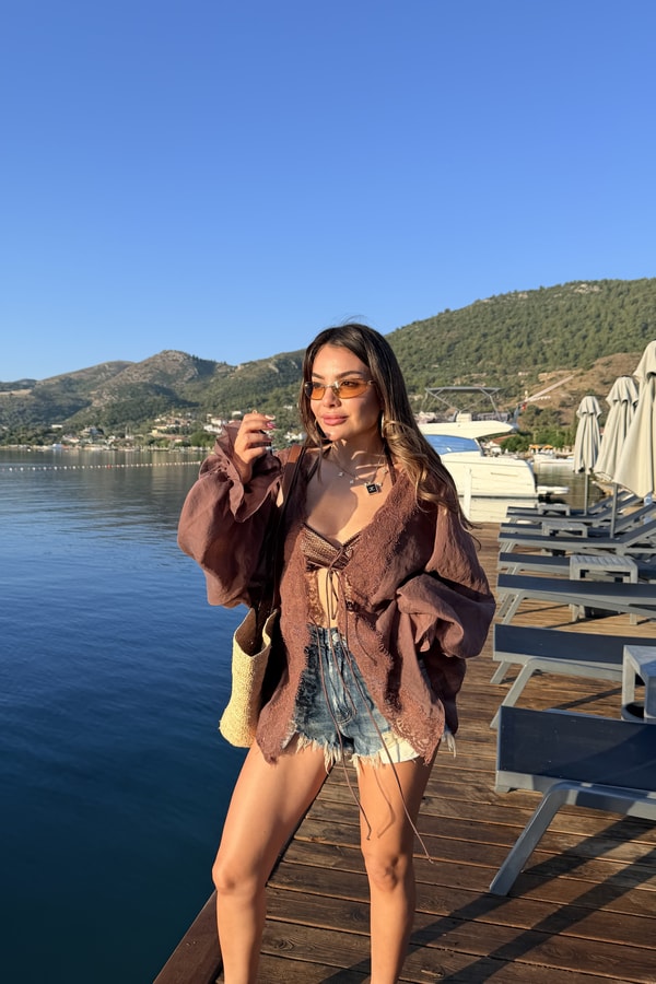 Chance Kahve Dantel Detaylı Tensel Kimono Gömlek