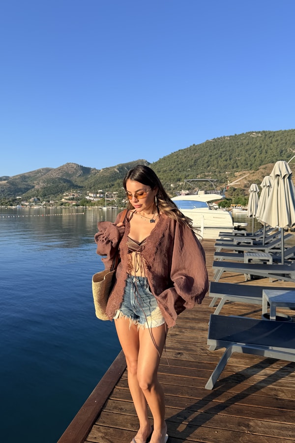 Chance Kahve Dantel Detaylı Tensel Kimono Gömlek