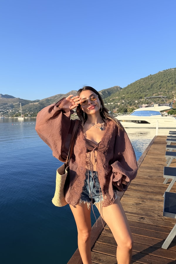 Chance Kahve Dantel Detaylı Tensel Kimono Gömlek