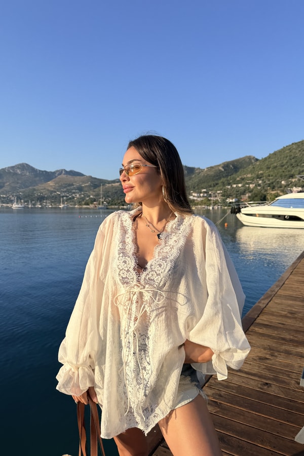 Chance Beyaz Dantel Detaylı Tensel Kimono Gömlek