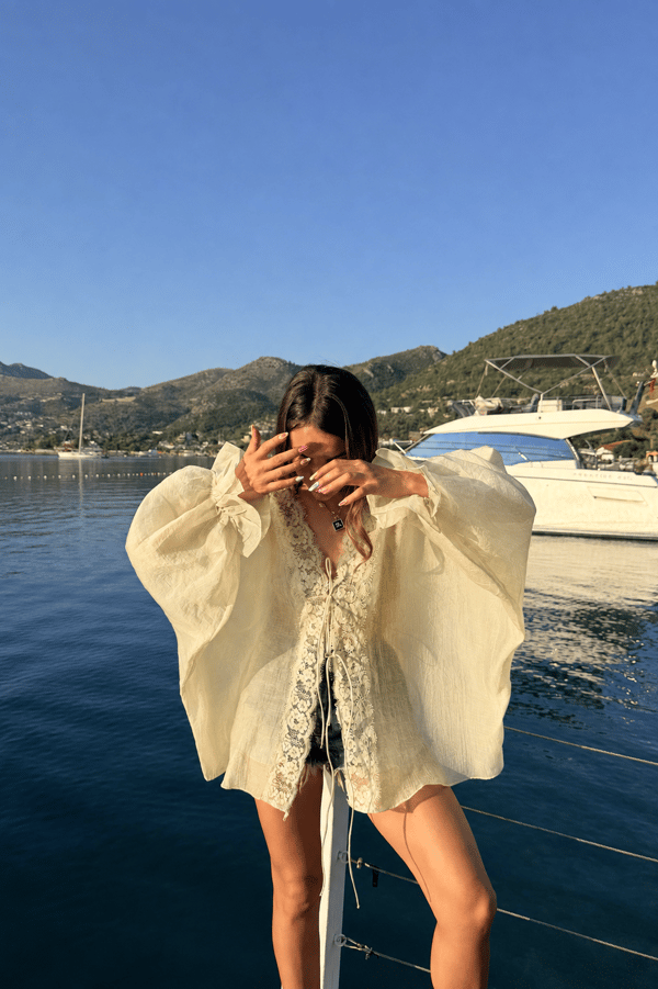 Chance Sarı Dantel Detaylı Tensel Kimono Gömlek