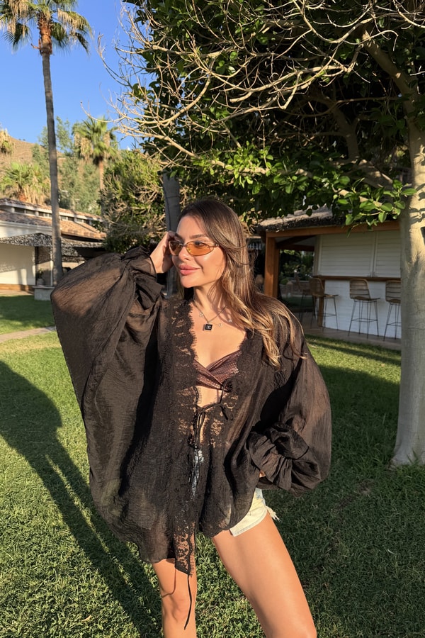 Chance Siyah Dantel Detaylı Tensel Kimono Gömlek