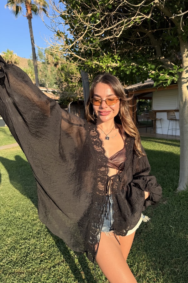 Chance Siyah Dantel Detaylı Tensel Kimono Gömlek