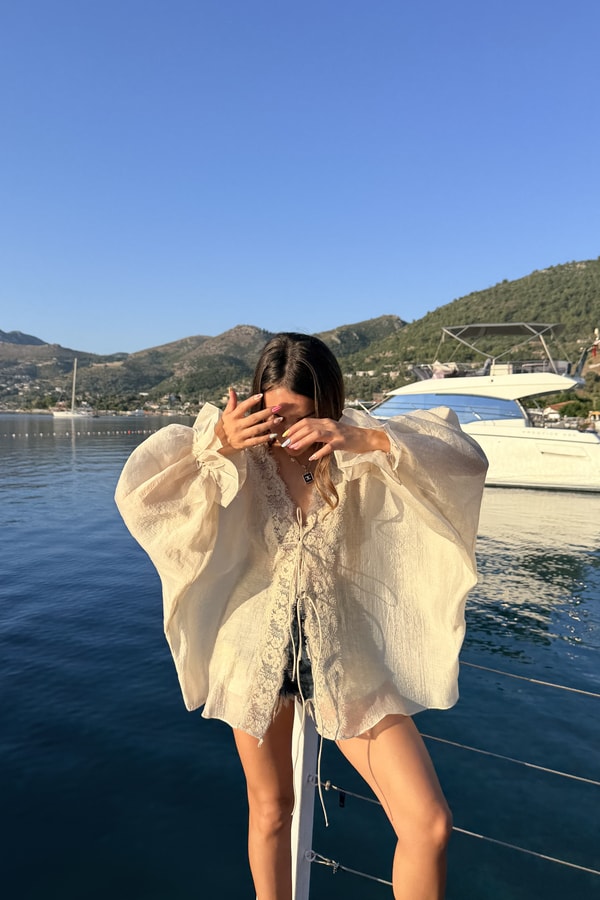 Chance Taş Dantel Detaylı Tensel Kimono Gömlek