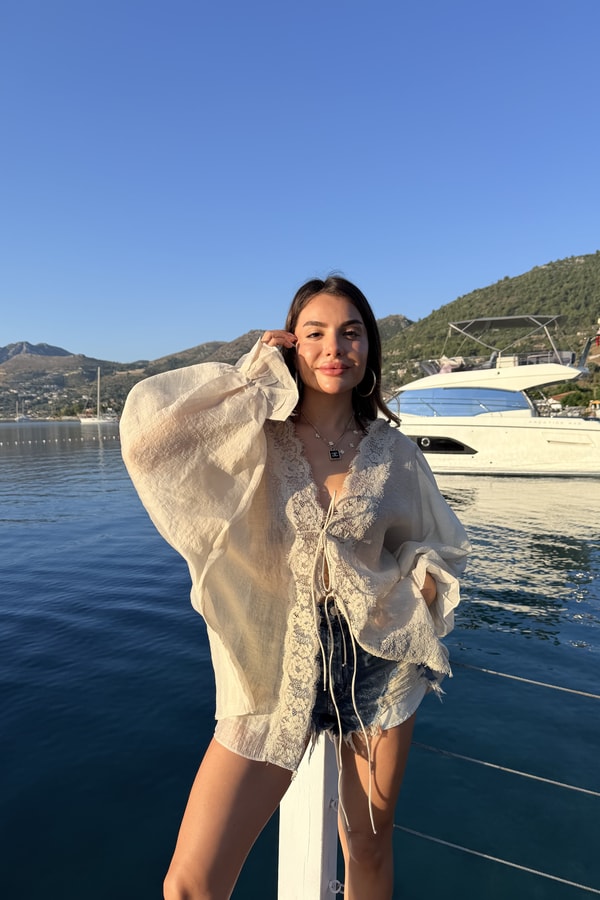 Chance Taş Dantel Detaylı Tensel Kimono Gömlek