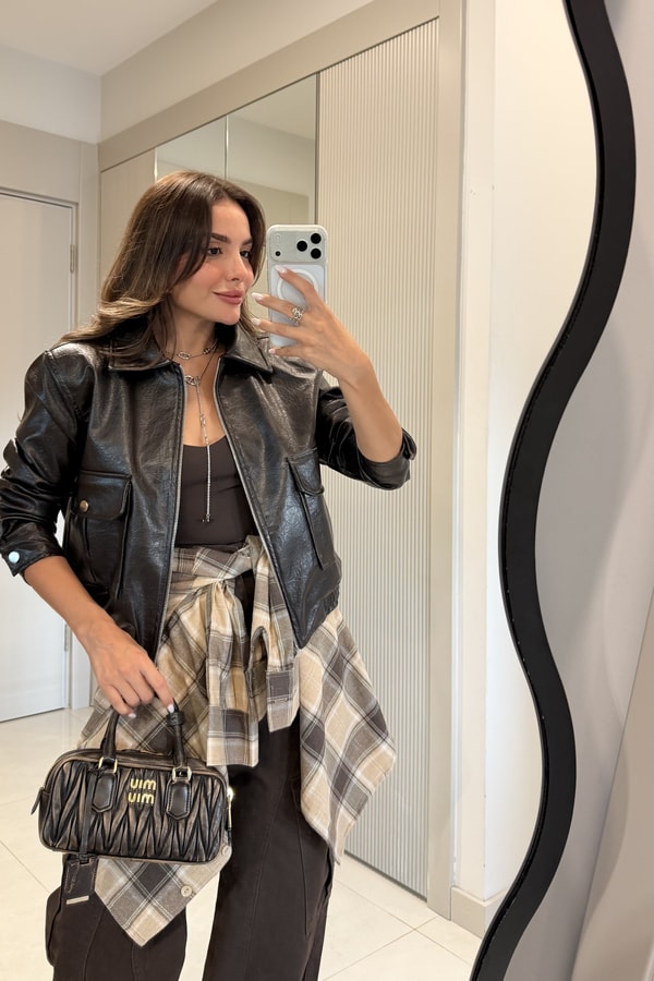 Charlotte Kahve Dokulu Vatkalı Deri Ceket