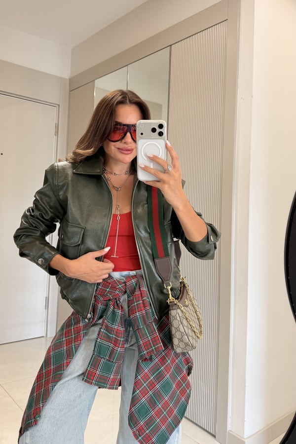 Charlotte Yeşil Dokulu Vatkalı Deri Ceket