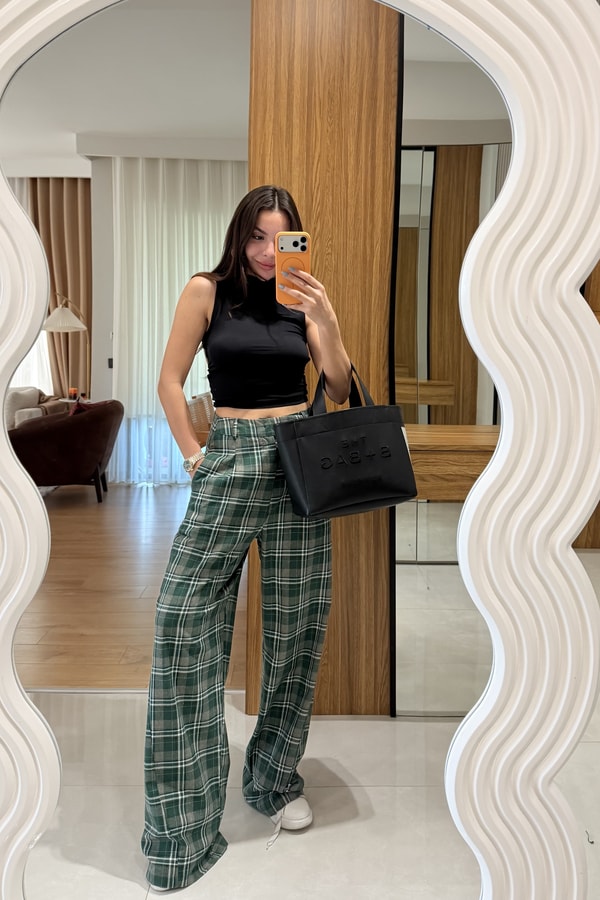Chelsy Yeşil Ekose Palazzo Pantolon